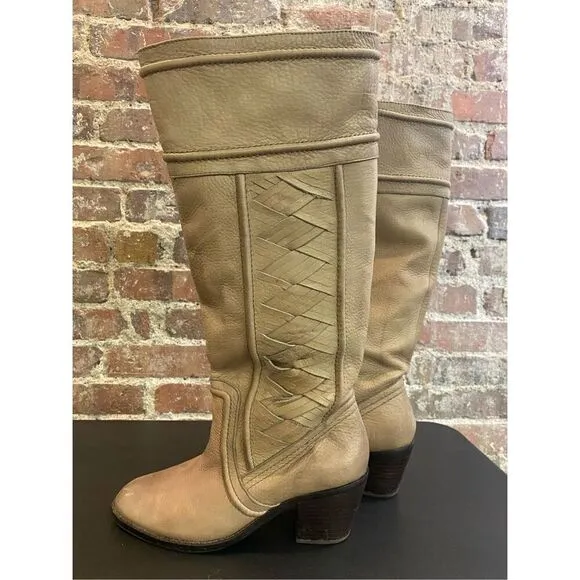 FOSSIL Knee High Leather Fashion Boots, Greige  Women’s 7.5
