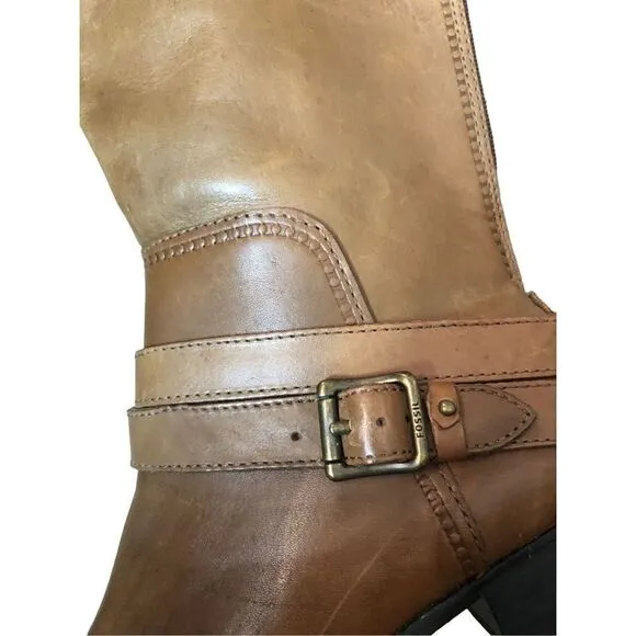 Fossil Zena back zipper caramel riding boots NWOB