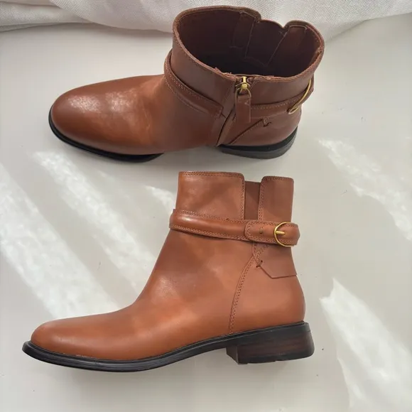 Franco Sarto Elese Leather Boots Cognac Ankle High Buckle Zip Sz 8M