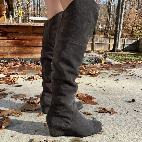 Franco Sarto Abela Suede Over-the-Knee Charcoal Gray Zip Boots Sz 6