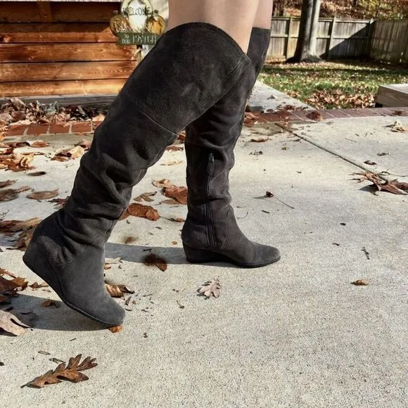 Franco Sarto Abela Suede Over-the-Knee Charcoal Gray Zip Boots Sz 6
