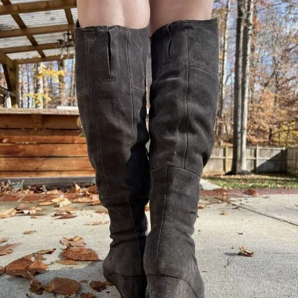 Franco Sarto Abela Suede Over-the-Knee Charcoal Gray Zip Boots Sz 6