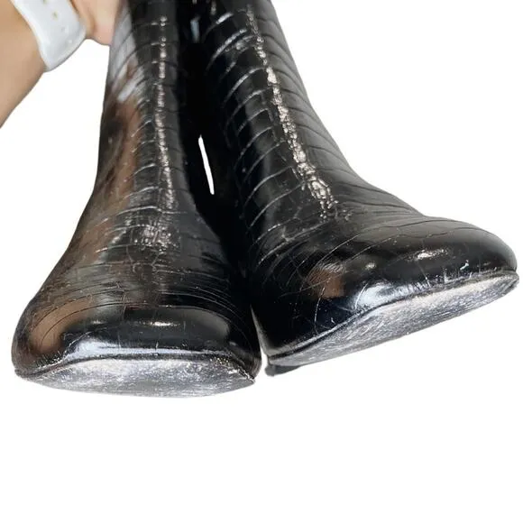 Freda Salvador Black Croc Embossed Ankle Chunky Heel Charm Boots - 6