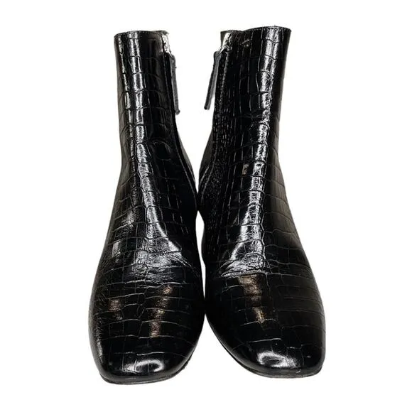 Freda Salvador Black Croc Embossed Ankle Chunky Heel Charm Boots - 6