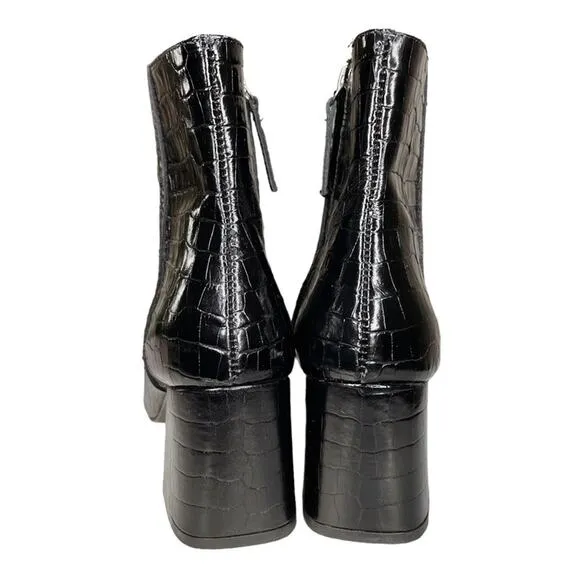 Freda Salvador Black Croc Embossed Ankle Chunky Heel Charm Boots - 6