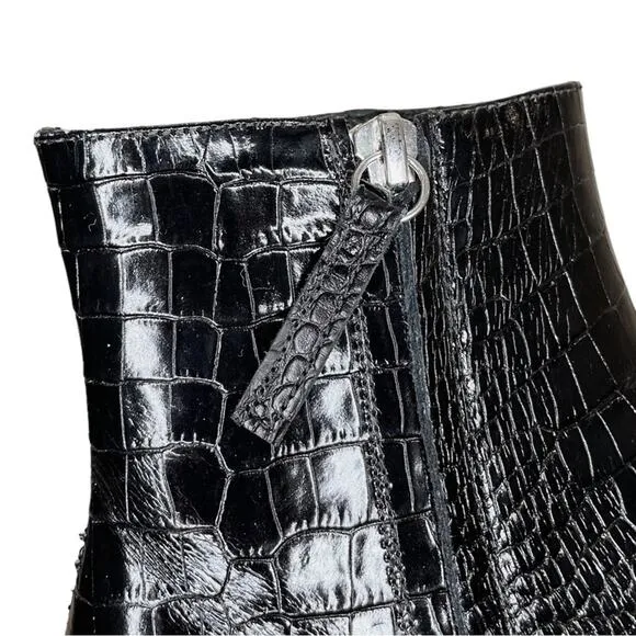Freda Salvador Black Croc Embossed Ankle Chunky Heel Charm Boots - 6