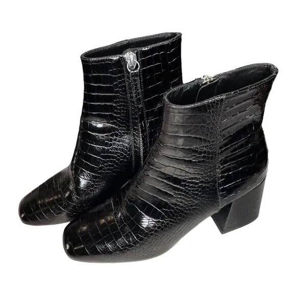 Freda Salvador Black Croc Embossed Ankle Chunky Heel Charm Boots - 6