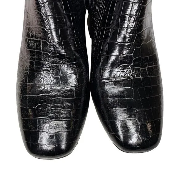 Freda Salvador Black Croc Embossed Ankle Chunky Heel Charm Boots - 6