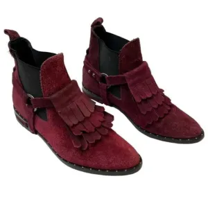 Freda Salvador Burgundy Suede Fringe Chelsea Western Buckle Ankle Boots size 7