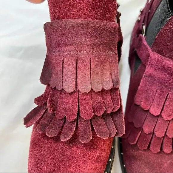 Freda Salvador Burgundy Suede Fringe Chelsea Western Buckle Ankle Boots size 7