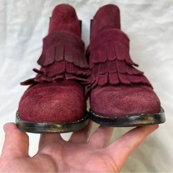 Freda Salvador Burgundy Suede Fringe Chelsea Western Buckle Ankle Boots size 7