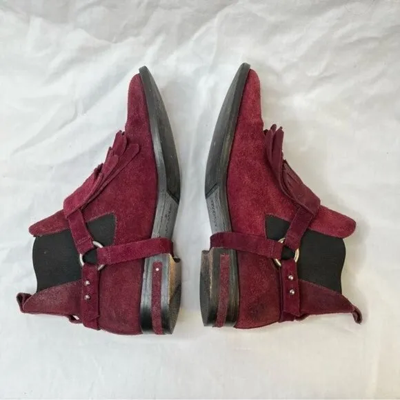 Freda Salvador Burgundy Suede Fringe Chelsea Western Buckle Ankle Boots size 7