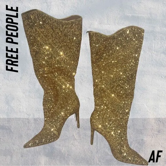 FREE PEOPLE BY VINCENZA AFTER MIDNIGHT SEQUINED BOOTS IN GOLD NEW SIZE 8