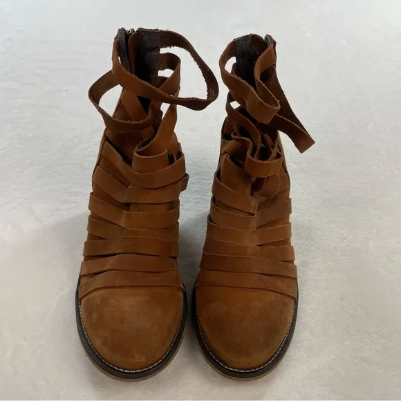 Free People Hybrid Heel Boots Distressed Strappy Ankle Boot Terracotta Tan