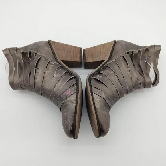Free People Hybrid Metallic Leather Strappy Heel Ankle Boots Size 10 40 Pewter