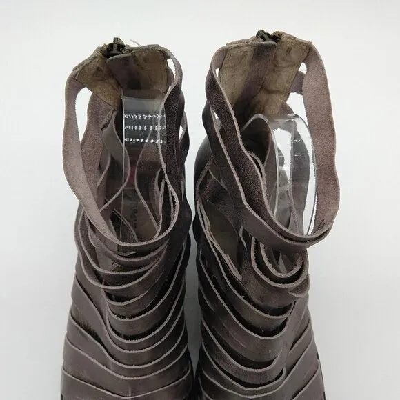 Free People Hybrid Metallic Leather Strappy Heel Ankle Boots Size 10 40 Pewter