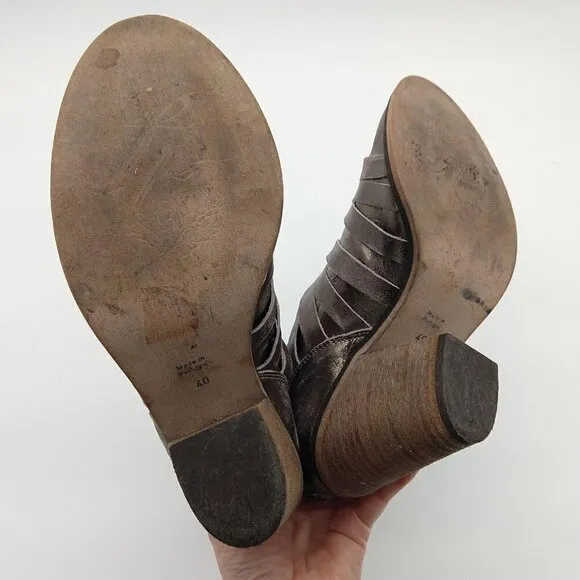 Free People Hybrid Metallic Leather Strappy Heel Ankle Boots Size 10 40 Pewter