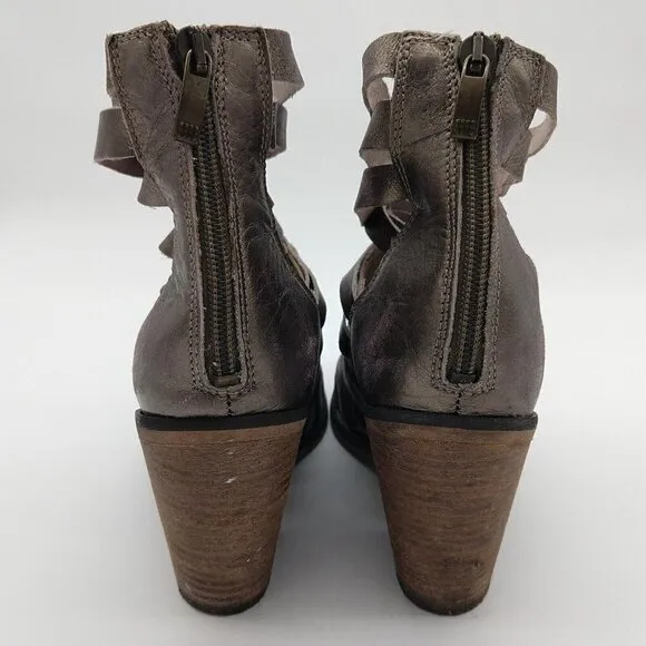 Free People Hybrid Metallic Leather Strappy Heel Ankle Boots Size 10 40 Pewter
