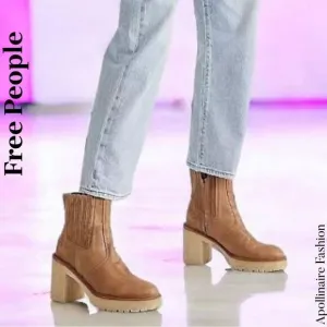 FREE PEOPLE JAMES CHELSEA CHUNKY HEEL BOOTS IN TAN SIZE 40 NEW