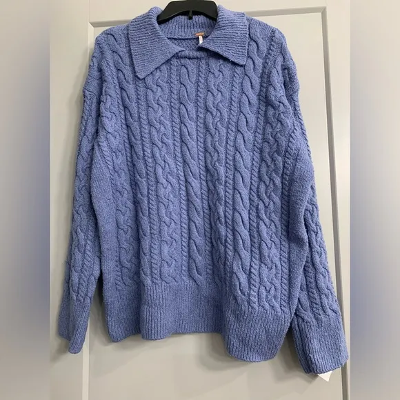 Free People Laurel Cable Knit Sweater Size Small Denim Grey/Blue