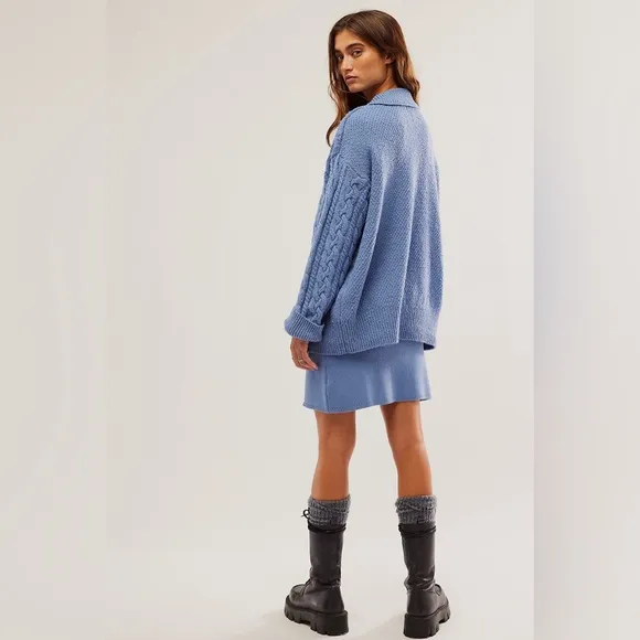 Free People Laurel Cable Knit Sweater Size Small Denim Grey/Blue