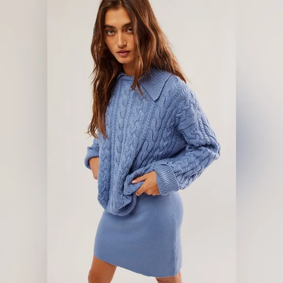Free People Laurel Cable Knit Sweater Size Small Denim Grey/Blue