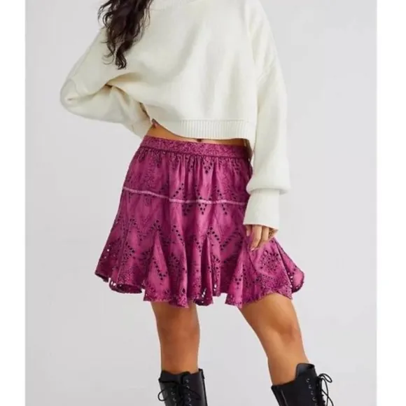 Free People Serenity Eyelet Mini Skirt Skort in Dreamy Mulberry MEDIUM 1245