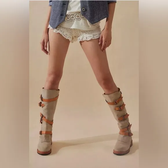 Free People Tristie Buckle Moto Tan Suede Leather Straps Knee High BootsSize 8