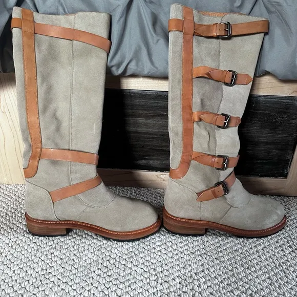 Free People Tristie Buckle Moto Tan Suede Leather Straps Knee High BootsSize 8