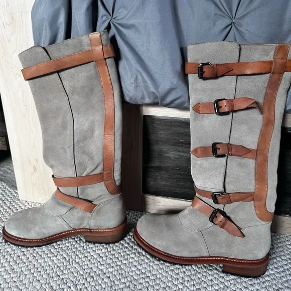 Free People Tristie Buckle Moto Tan Suede Leather Straps Knee High BootsSize 8