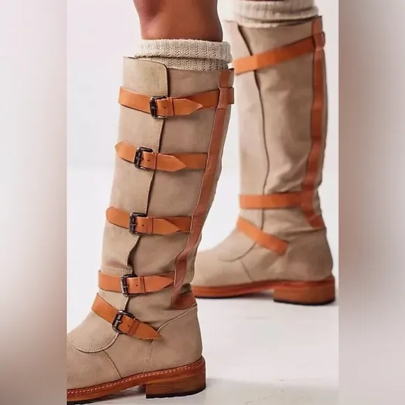 Free People Tristie Buckle Moto Tan Suede Leather Straps Knee High BootsSize 8