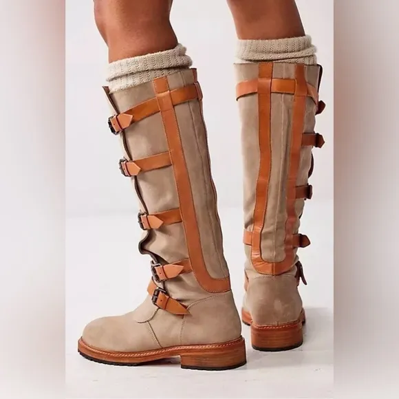 Free People Tristie Buckle Moto Tan Suede Leather Straps Knee High BootsSize 8