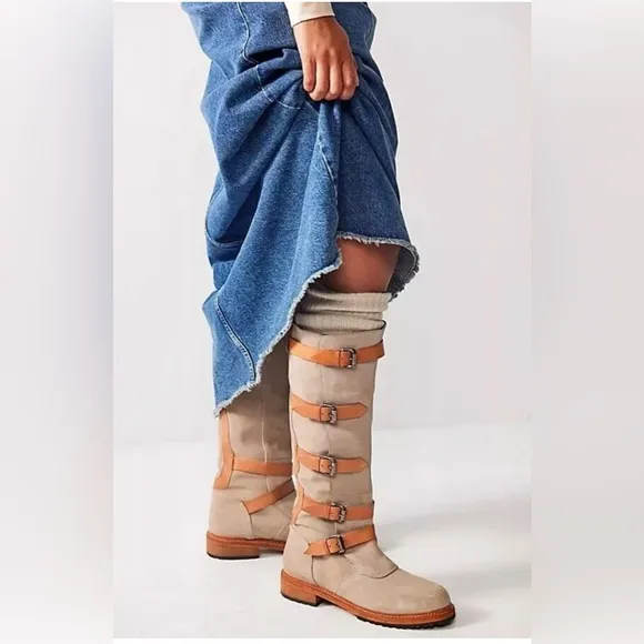 Free People Tristie Buckle Moto Tan Suede Leather Straps Knee High BootsSize 8