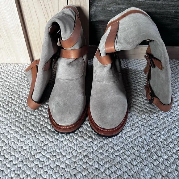 Free People Tristie Buckle Moto Tan Suede Leather Straps Knee High BootsSize 8