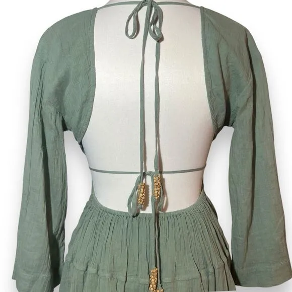 Free People Women Prettiest Pleats Mini Fit Flare Dress Size XS Green Open Back