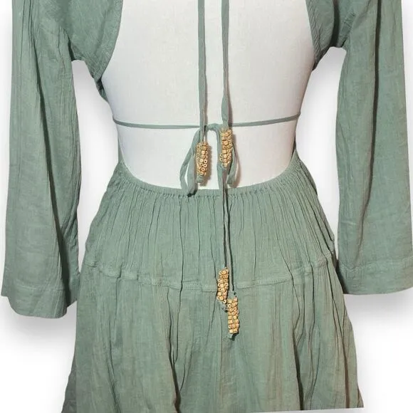 Free People Women Prettiest Pleats Mini Fit Flare Dress Size XS Green Open Back