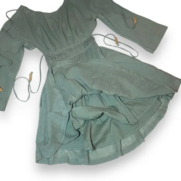 Free People Women Prettiest Pleats Mini Fit Flare Dress Size XS Green Open Back