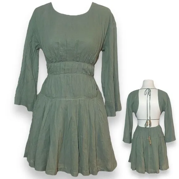 Free People Women Prettiest Pleats Mini Fit Flare Dress Size XS Green Open Back