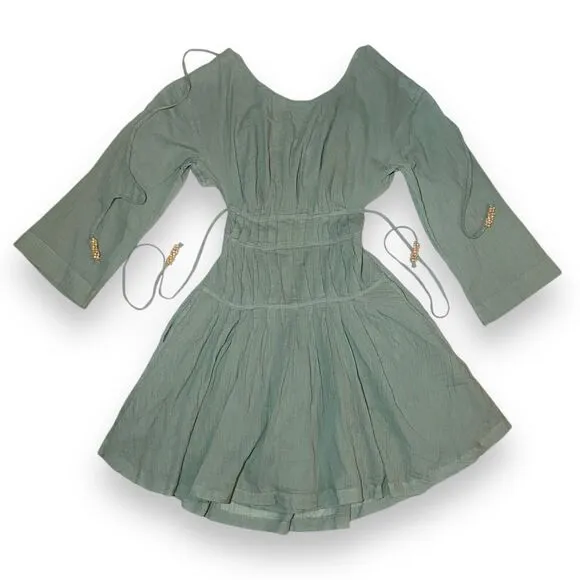 Free People Women Prettiest Pleats Mini Fit Flare Dress Size XS Green Open Back