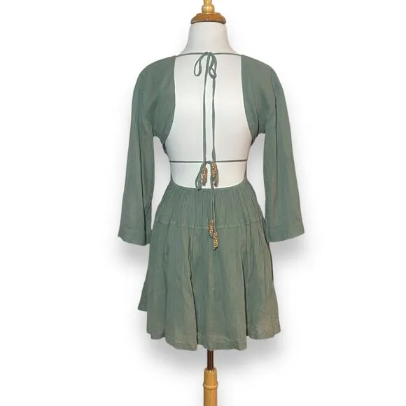 Free People Women Prettiest Pleats Mini Fit Flare Dress Size XS Green Open Back