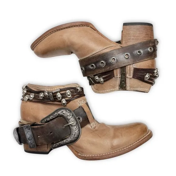 Freebird By Steven SALOON Taupe Leather Western Belted Boots Size 8