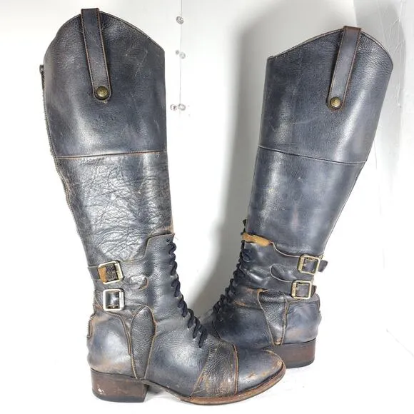 Freebird By Steven Women's SADLE US7 Black Distressed Leather Tall Riding Boots