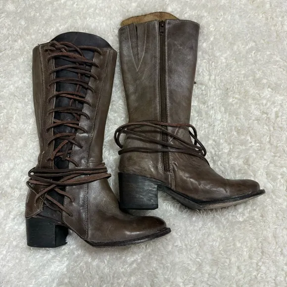 Freebird CASH Distressed Taupe Brown Zip Lace Up Leather Boots Size 7