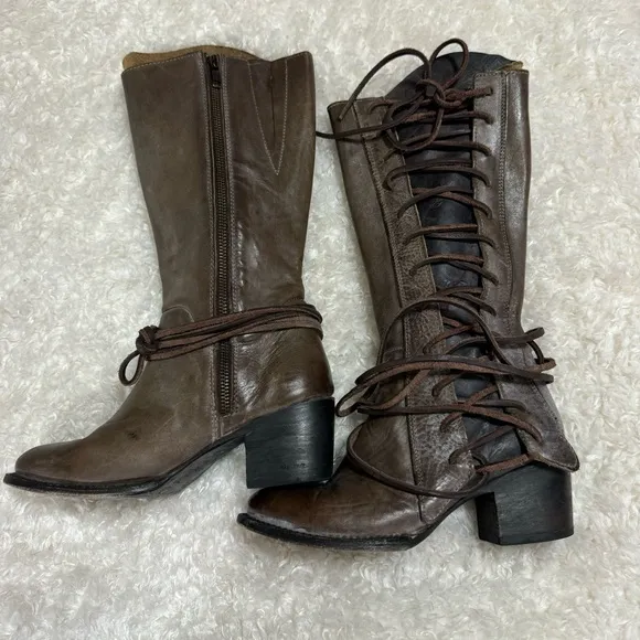 Freebird CASH Distressed Taupe Brown Zip Lace Up Leather Boots Size 7