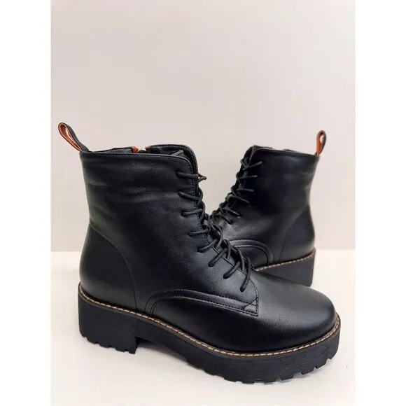 French Connection Combat Boots Size 8.5 Black Lace Up Chunky Heel NEW