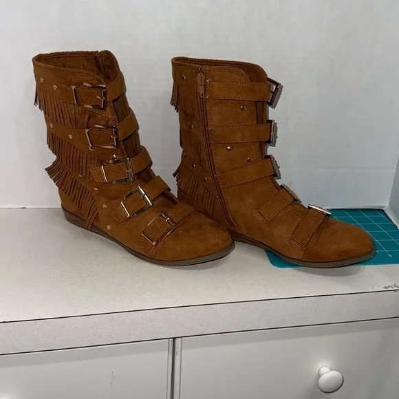 Fringe Buckle Suede Boots - Brown