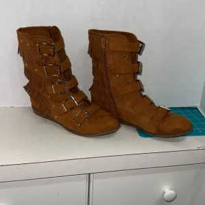 Fringe Buckle Suede Boots - Brown