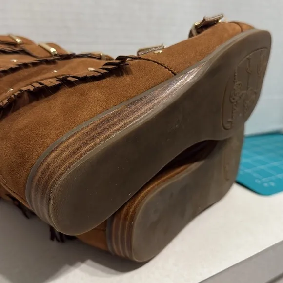 Fringe Buckle Suede Boots - Brown
