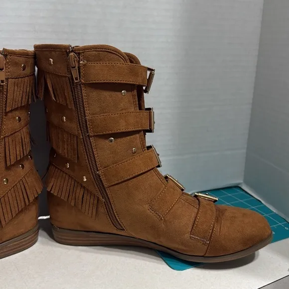 Fringe Buckle Suede Boots - Brown