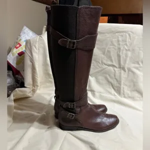 Frye Anna Gore Knee High Boots Women 6.5M Brown Leather Tall Riding Buckle Strap